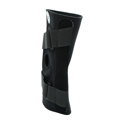 Black hinged lateral "J" brace with adjustable straps and padded circular opening for the knee.