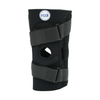 Black hinged lateral "J" brace with two adjustable Velcro straps and circular opening, made in the USA, RCAI logo on top.