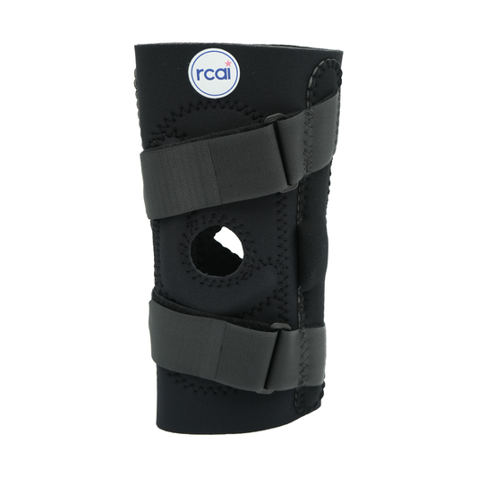 Black neoprene hinged lateral J brace with two adjustable Velcro straps and open patella design.