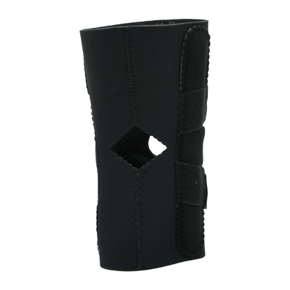 Black hinged lateral J brace with diamond-shaped cutout and two adjustable Velcro straps.