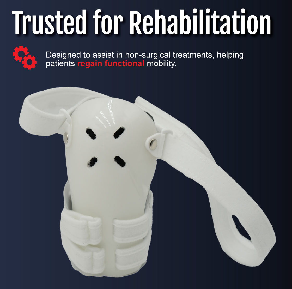 White over-the-shoulder humeral fracture brace with adjustable straps and padded front panel against navy background.