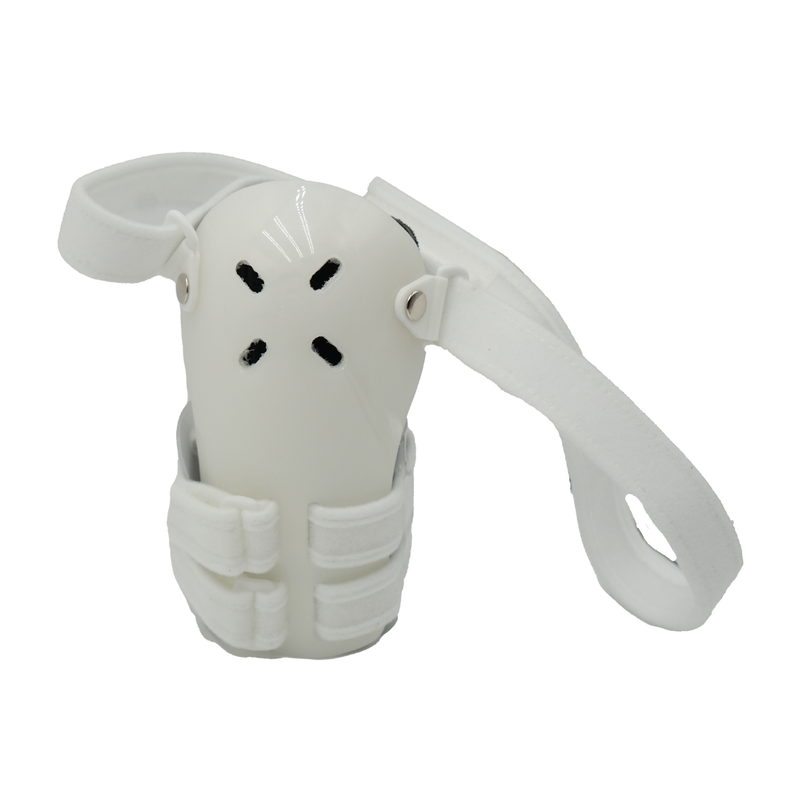 White over-the-shoulder humeral fracture brace with adjustable padded straps and ventilation holes.