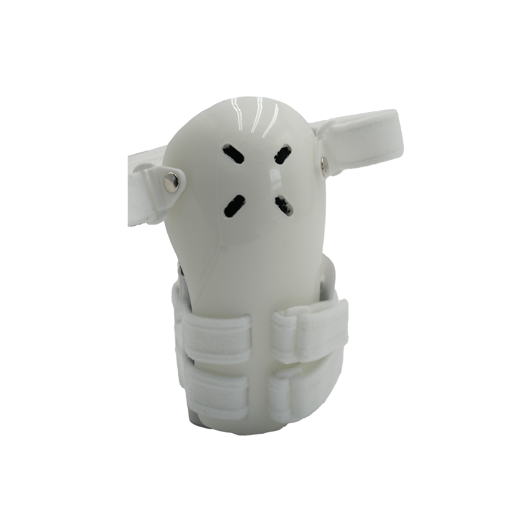 White over-the-shoulder humeral fracture brace with adjustable straps and ventilation holes.