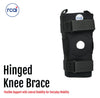 Black hinged knee brace with open patella design, adjustable Velcro straps, made in the USA by RCAI logo on top strap.