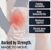 Black hinged knee brace worn on right knee with red highlight indicating pain, text overlay listing knee conditions, made in .