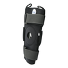 Black hinged knee brace with open patella design, adjustable straps, RCAI logo patch, made in the USA label visible.