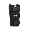 Black hinged knee brace with circular cutout, two adjustable Velcro straps, and rcaI logo, made in the USA.