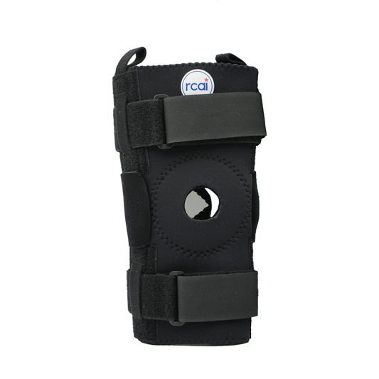 Black hinged knee brace with open patella design and adjustable hook-and-loop straps.