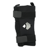 Black hinged knee brace with two adjustable Velcro straps, open patella design, textured support hinges visible through.