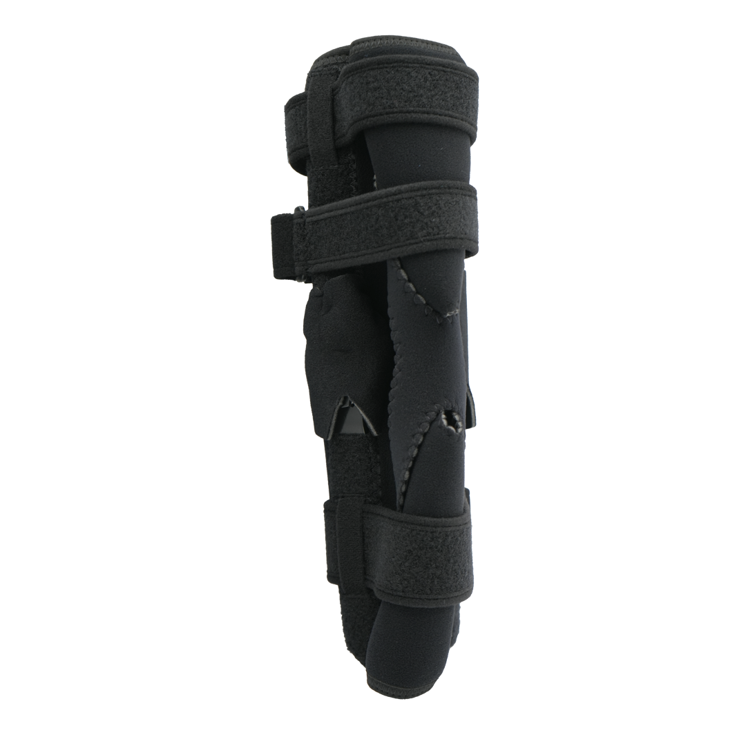 Black neoprene wrap-around knee brace with adjustable straps and covered hinge for support and flexibility.