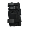 Black neoprene wrap-around knee brace with adjustable hook-and-loop straps and covered hinge, made in the USA, RCAI logo.