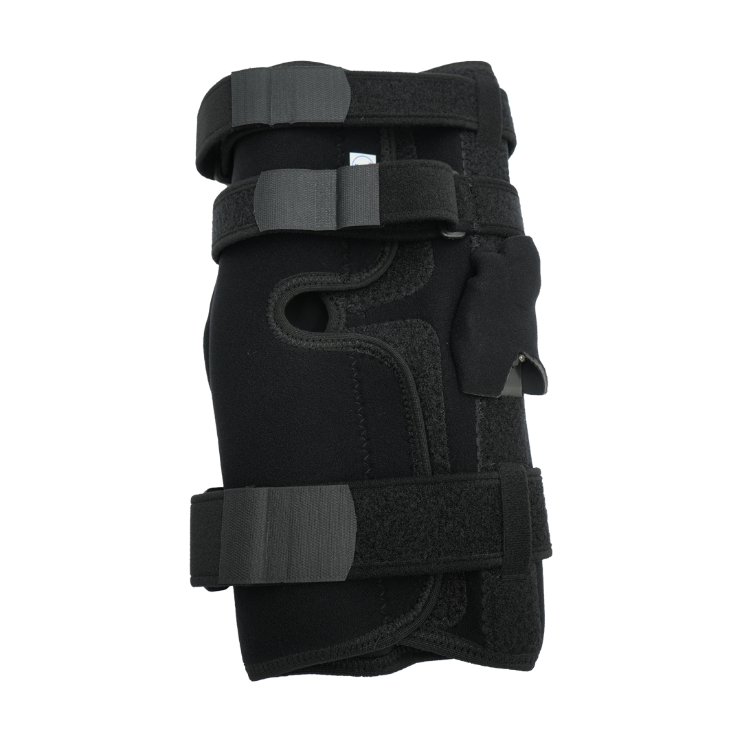 Black neoprene wrap-around knee brace with adjustable gray straps and covered hinge for motion support.