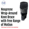 Black neoprene wrap-around knee brace with covered hinge and adjustable straps, made in the USA by RCAI.