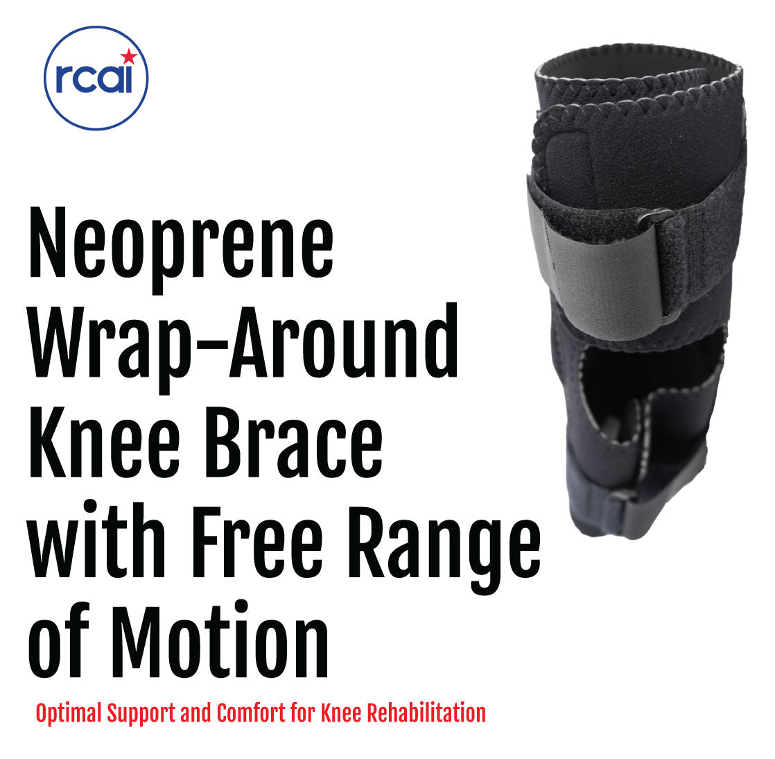 Black neoprene wrap-around knee brace with adjustable straps and covered hinge for support and mobility.