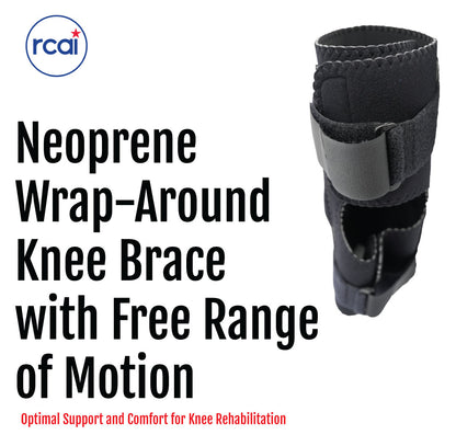 Black neoprene wrap-around knee brace with adjustable straps and covered hinge for support and mobility.