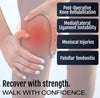 Neoprene wrap-around knee brace with covered hinge on bent leg, highlighting knee pain areas, made in the USA, RCAI.