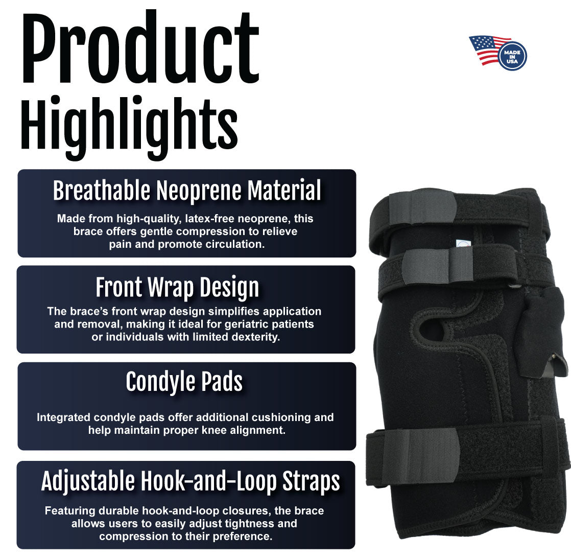 Black neoprene wrap-around knee brace with covered hinge, adjustable hook-and-loop straps, and contoured condyle pads for.