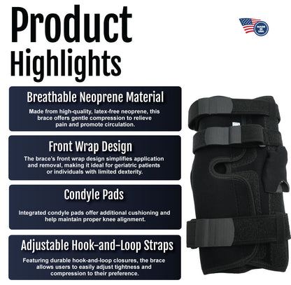 Black neoprene wrap-around knee brace with covered hinge, adjustable hook-and-loop straps, and contoured condyle pads for.