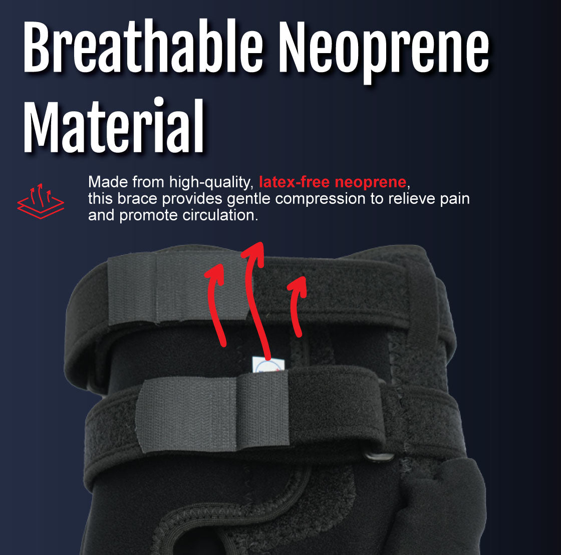 Black breathable neoprene wrap-around knee brace with adjustable straps and covered hinge for free range of motion.