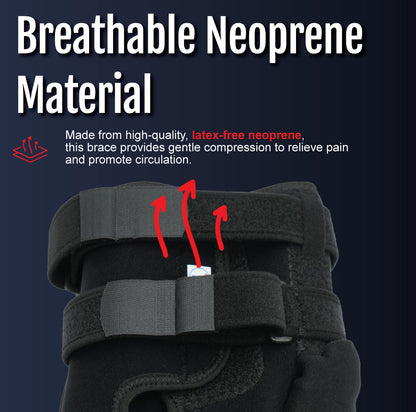 Black breathable neoprene wrap-around knee brace with adjustable straps and covered hinge for free range of motion.