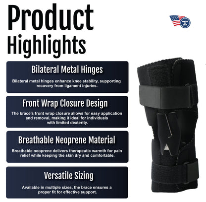 Black neoprene active knee brace with bilateral metal hinges and front wrap closure displayed with product feature.