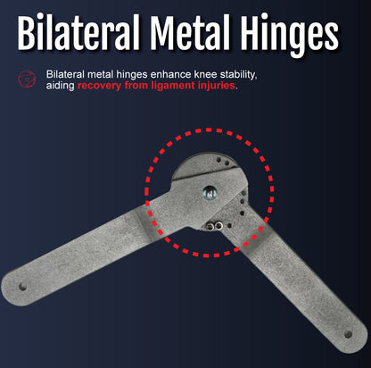 Close-up of bilateral metal hinges on knee brace designed for enhanced stability and ligament injury recovery.