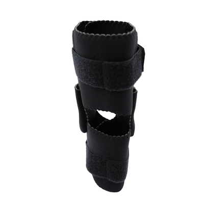 Black adjustable knee brace with velcro straps and open patella design for support and range of motion control.