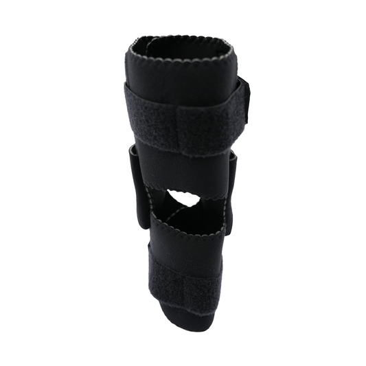Black adjustable knee brace with velcro straps and open patella design for support and range of motion control.