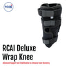Black RCAI Deluxe Wrap Knee brace with adjustable Velcro straps and cutout for the knee cap, made in the USA logo visible.