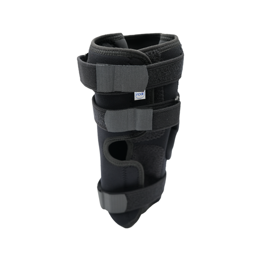 Black adjustable knee brace with three Velcro straps and padded support panel.