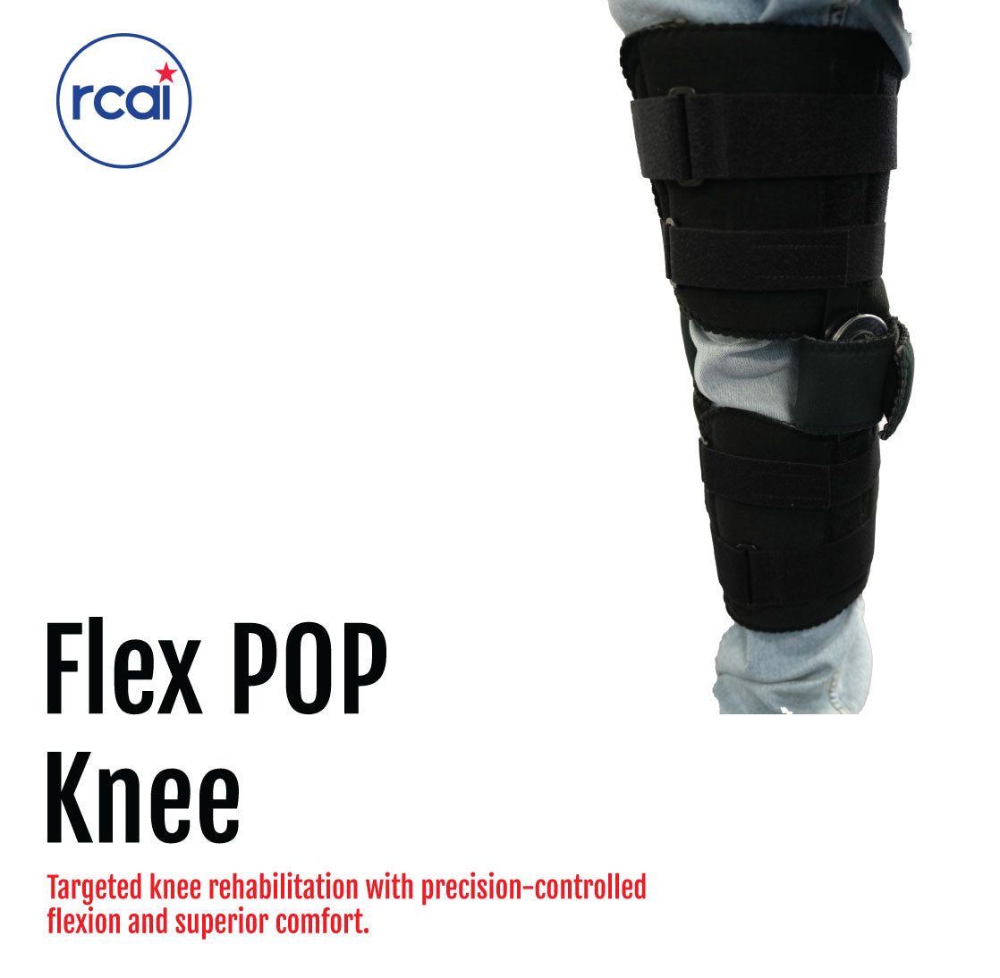 Black knee brace with adjustable straps and rigid side supports on a leg.