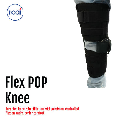 Black knee brace with adjustable straps and rigid side supports on a leg.