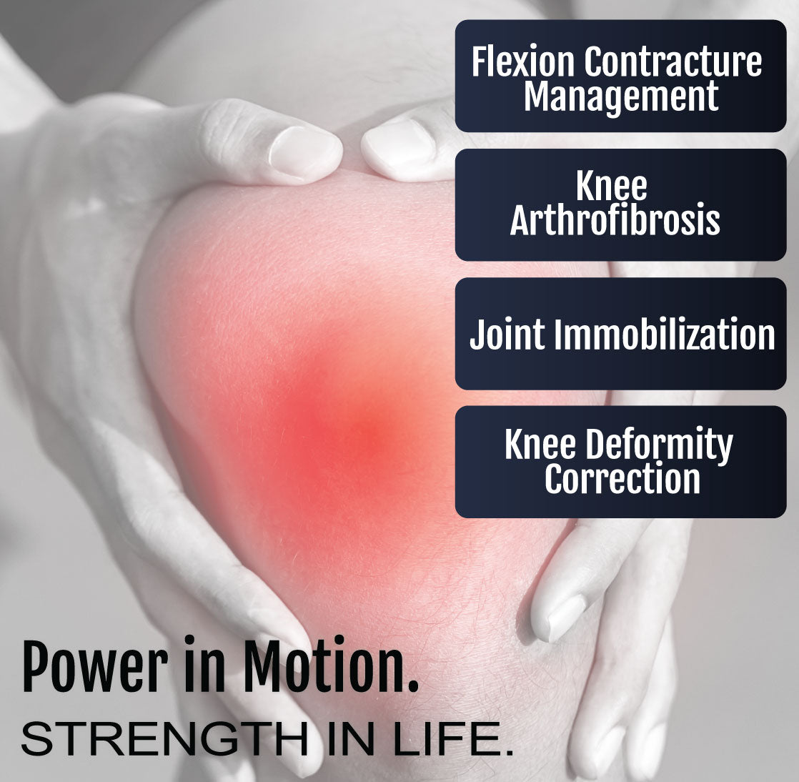 Adjustable black knee brace with straps, shown worn on a hand highlighting red knee pain area.