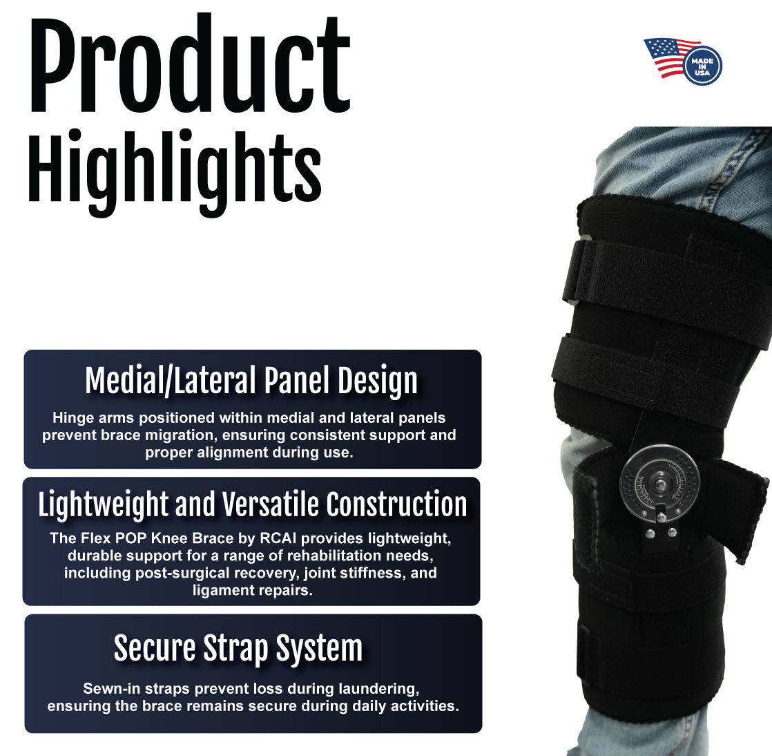 Flex POP Knee brace with medial/lateral panel design and secure black strap system.
