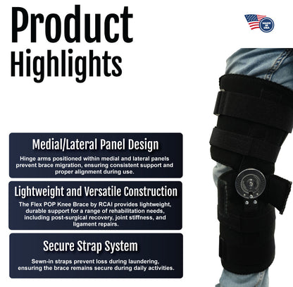 Flex POP Knee brace with medial/lateral panel design and secure black strap system.