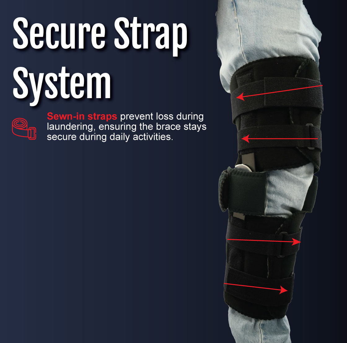 Black Flex POP Knee brace with multiple secure sewn-in straps on a bent leg against a dark blue background.