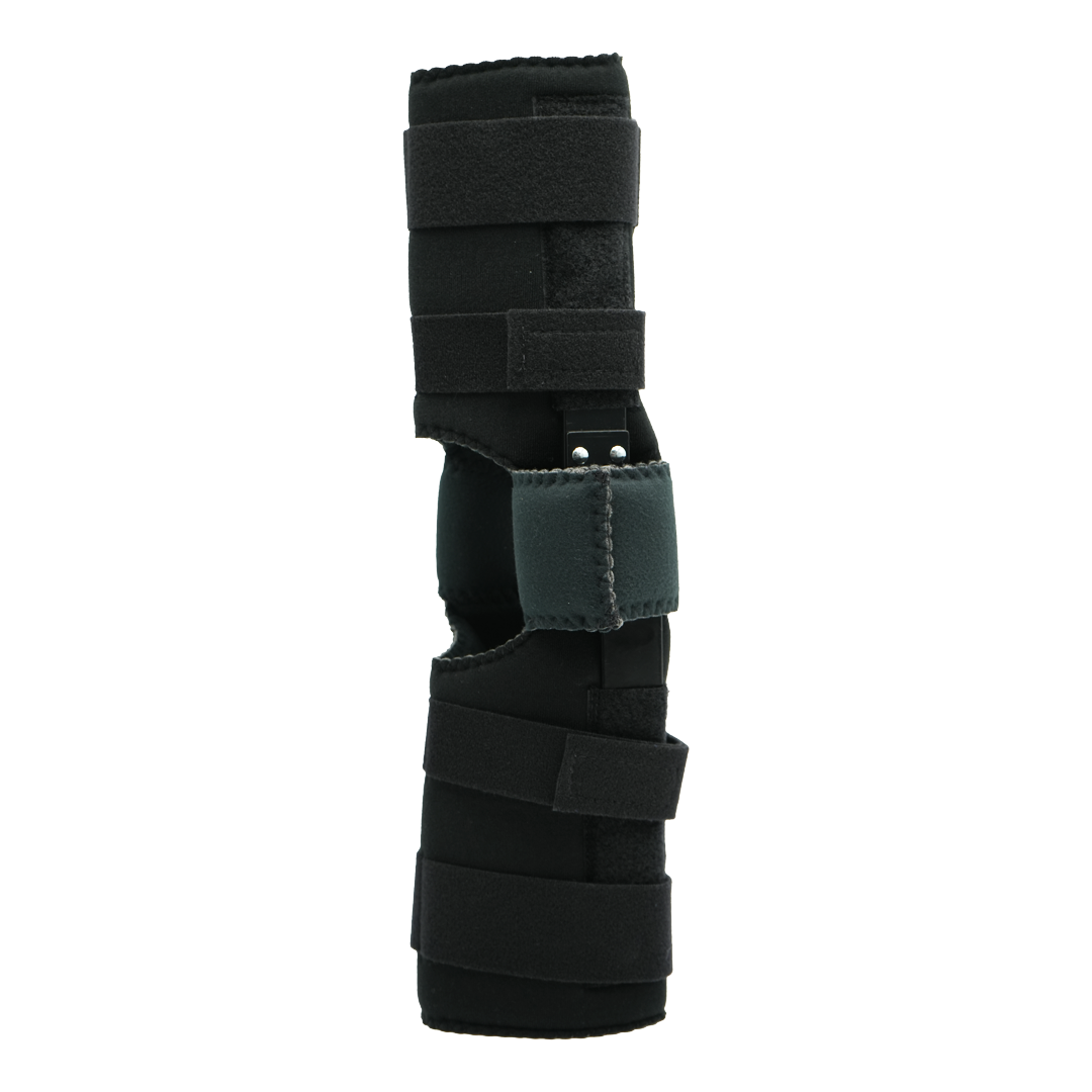 Black knee brace with adjustable straps and padded support for joint comfort.