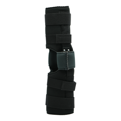 Black knee brace with adjustable straps and padded support for joint comfort.