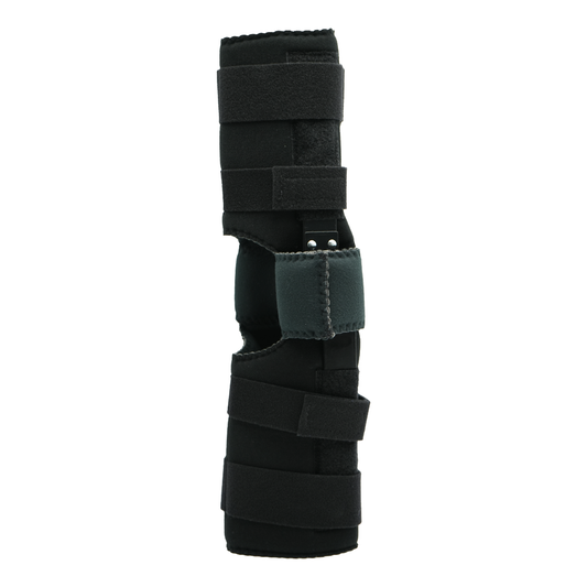 Black knee brace with adjustable Velcro straps and padded support panel.