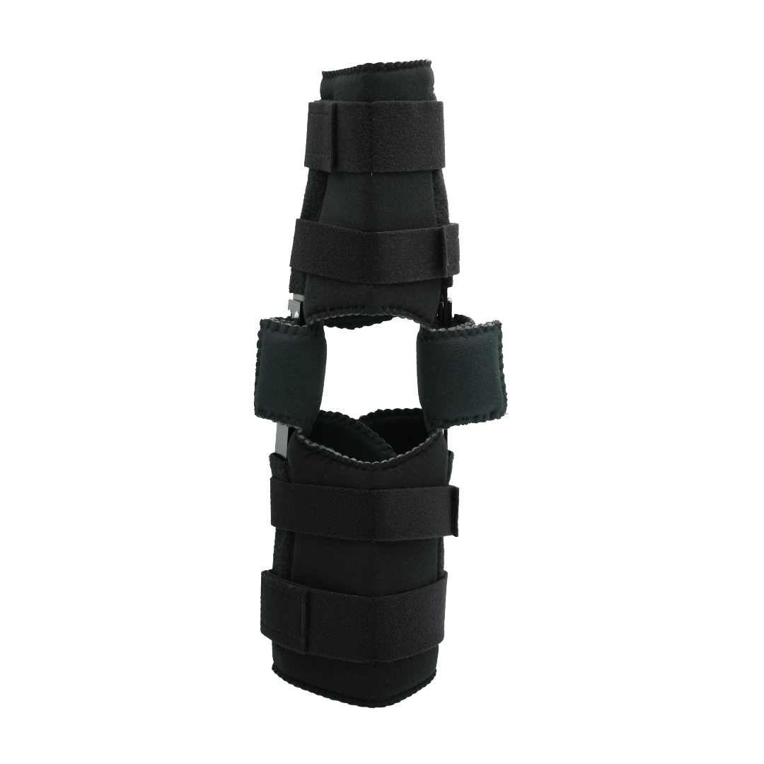 Black orthopedic knee brace with adjustable straps and padded support panels.