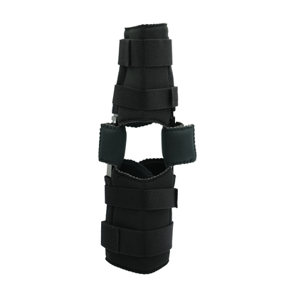 Black orthopedic knee brace with adjustable straps and padded support panels.