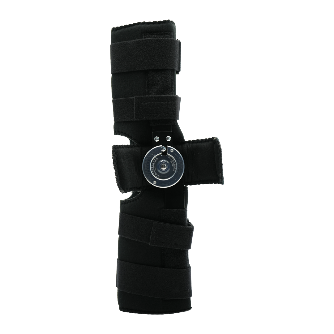 Black adjustable knee brace with circular hinge and multiple fastening straps.