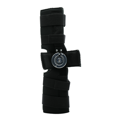 Black adjustable knee brace with circular hinge and multiple fastening straps.
