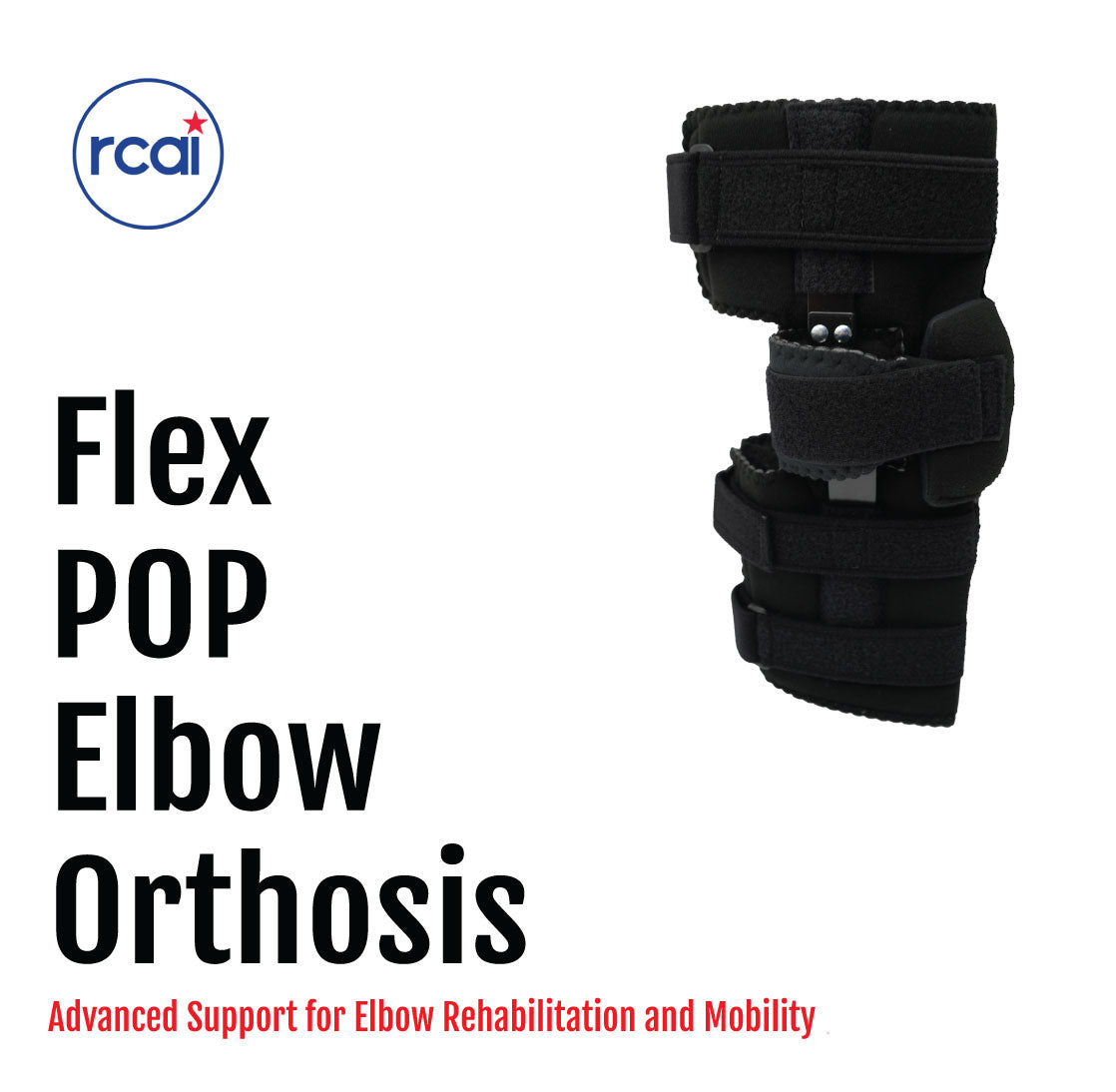 Black Flex Pop Elbow orthosis with adjustable straps for elbow support and mobility.
