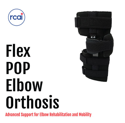 Black Flex Pop Elbow orthosis with adjustable straps for elbow support and mobility.