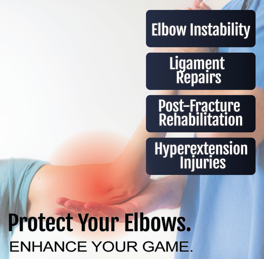 Black Flex Pop Elbow brace worn on bent arm, highlighting red area around elbow joint.