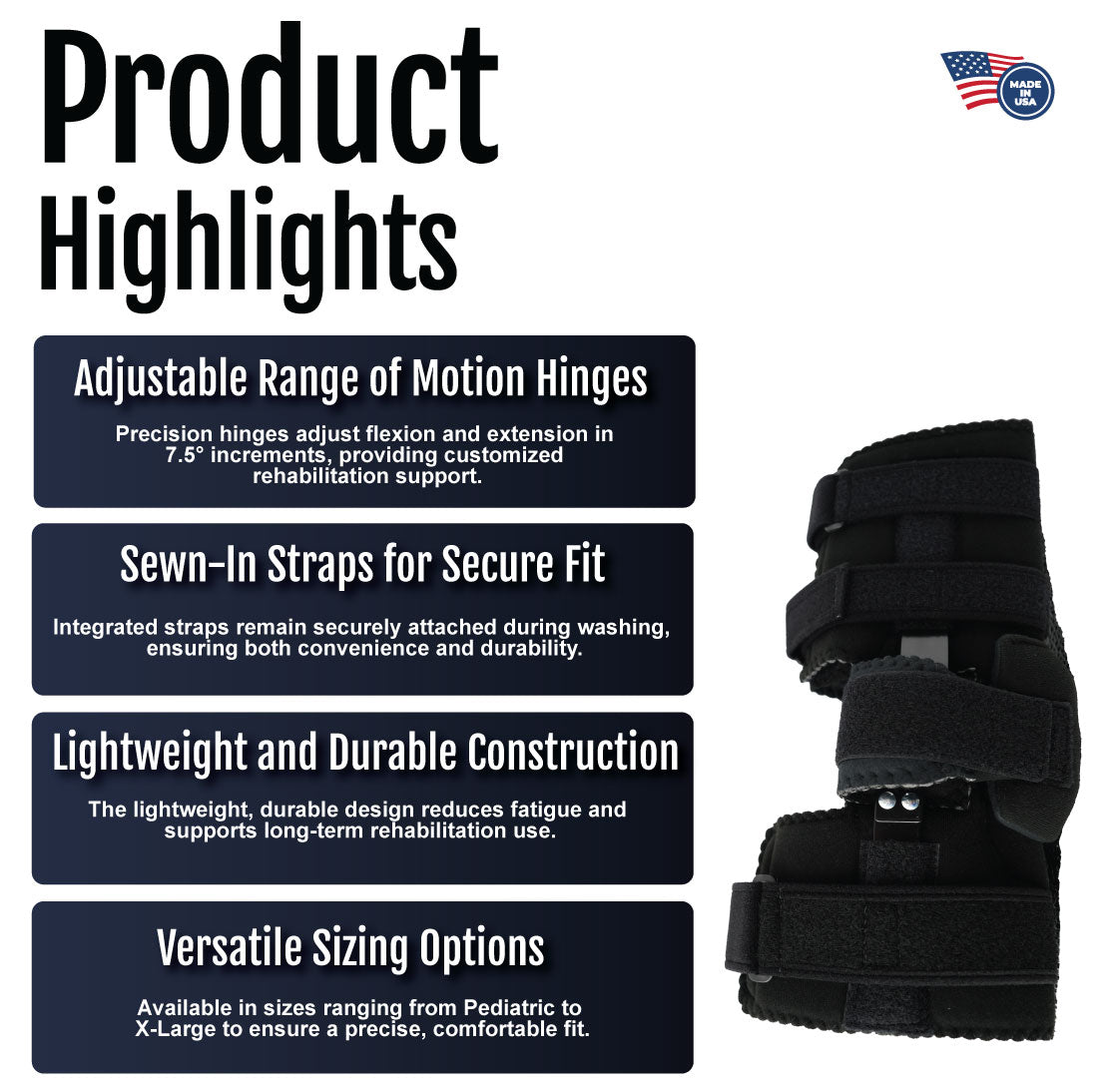 Black Flex Pop Elbow brace with multiple adjustable straps and hinge system panel detailing.