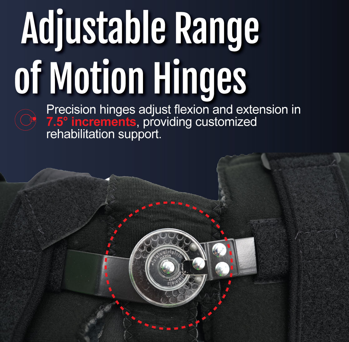Close-up of black Flex Pop Elbow brace showing adjustable metal hinge with 7.5° increment markings and green strap for.
