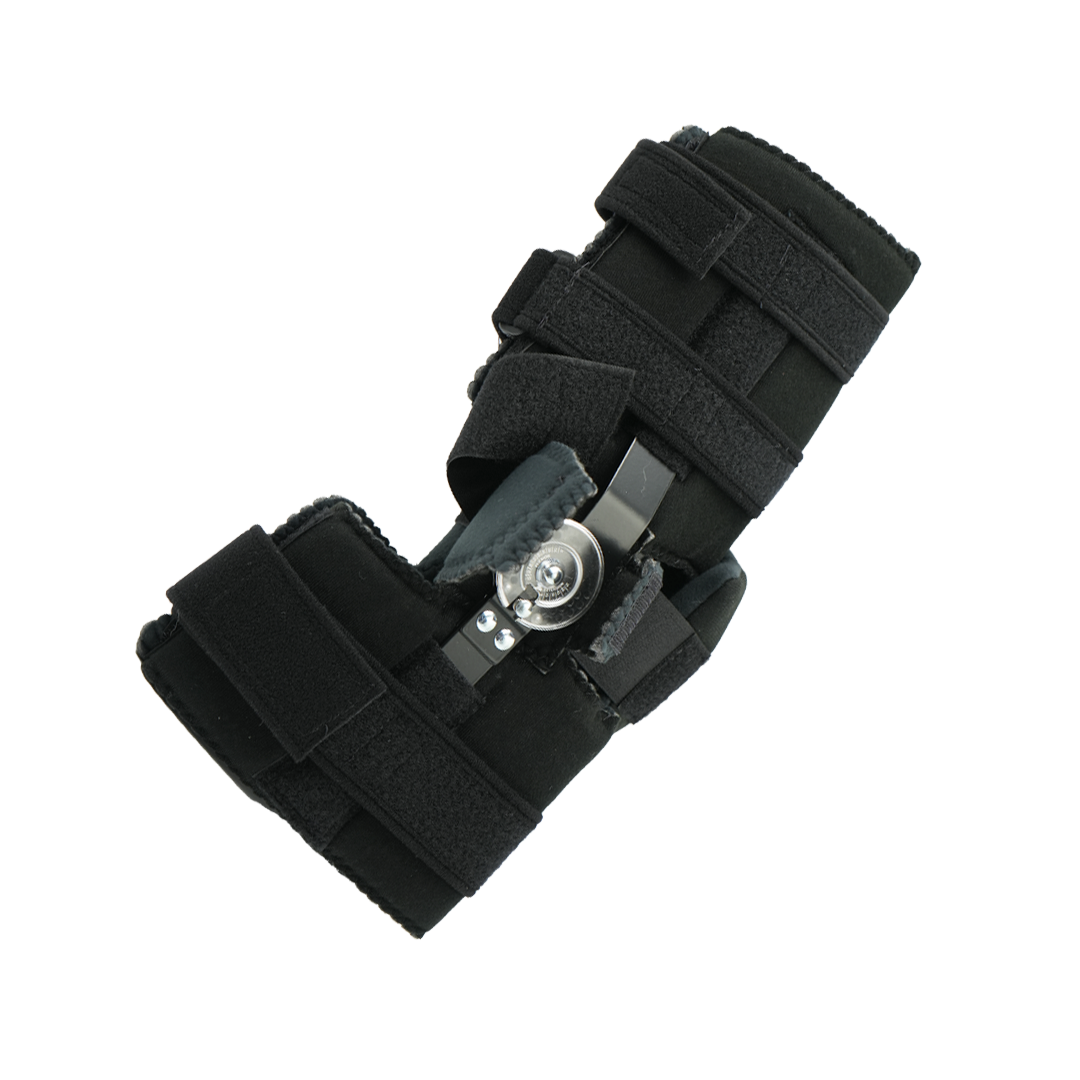 Black orthopedic elbow brace with adjustable straps and metal hinge support.