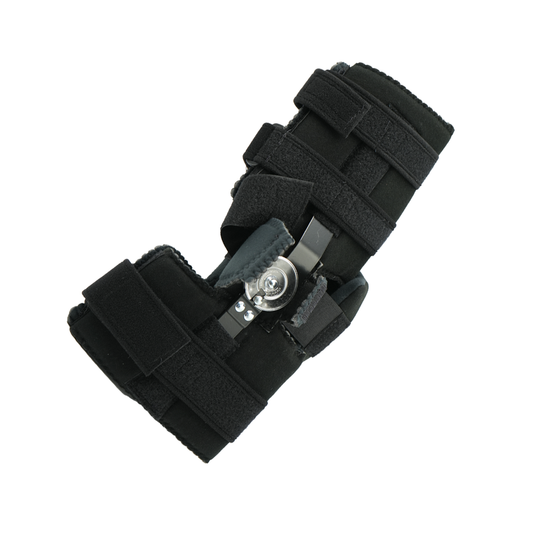Black orthopedic elbow brace with adjustable straps and metal hinge support.